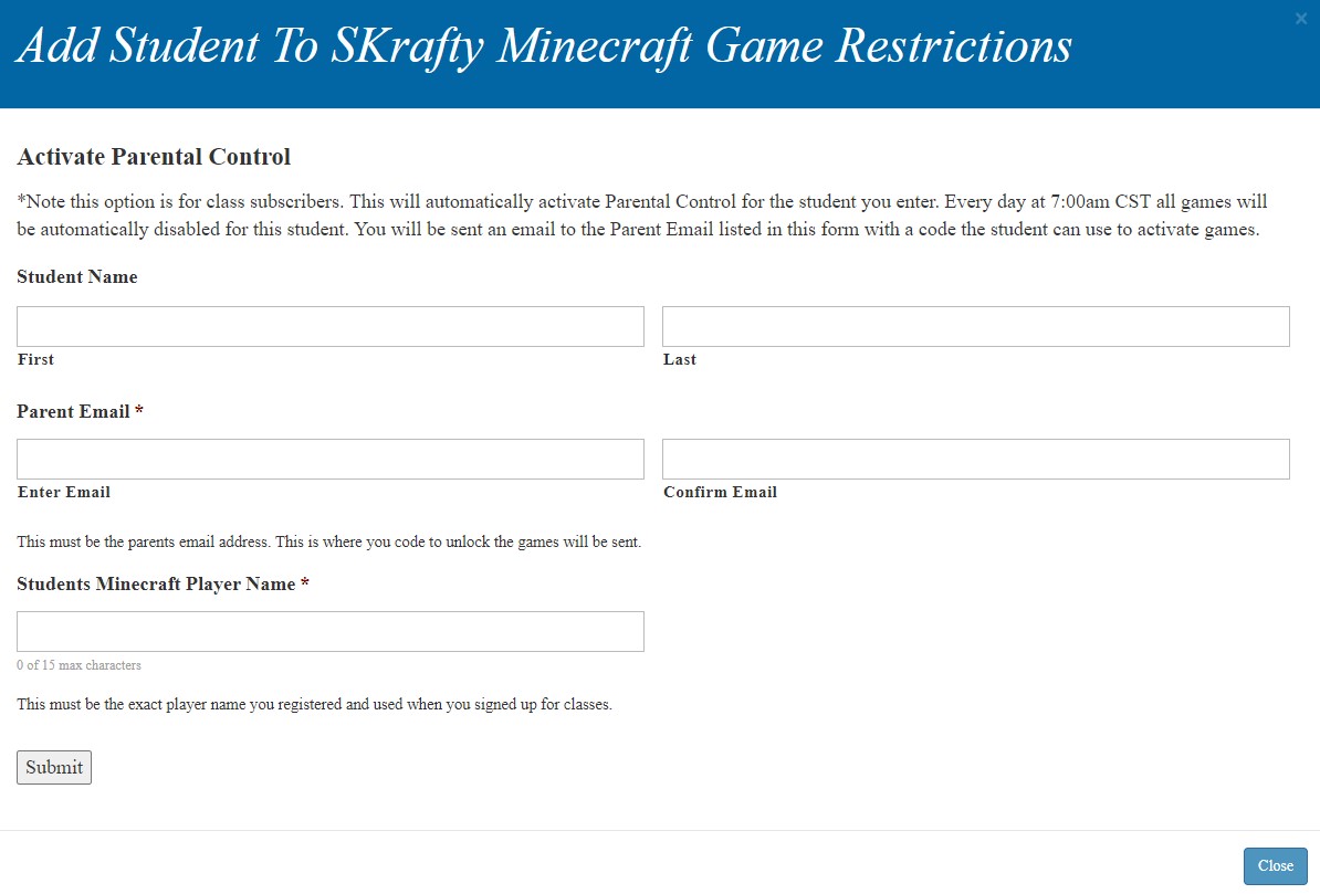 Minecraft Parent Sign Up